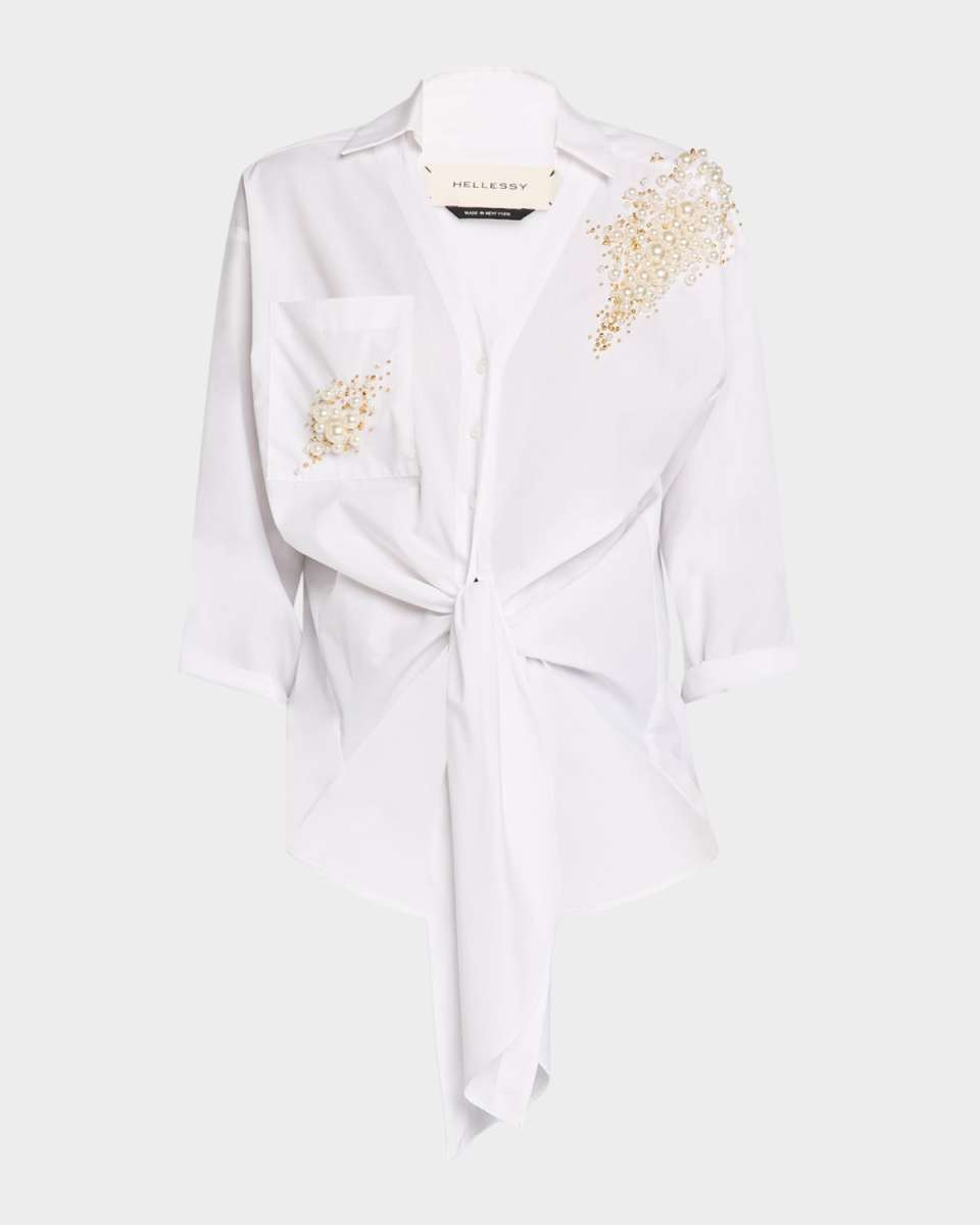 Tina Beaded Tie-Hem Button-Down Shirt